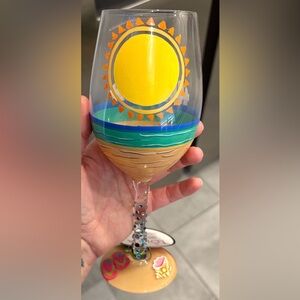 Lolita Pink and Yellow 'Sun on the Beach' Hand-Painted Wine Glass
